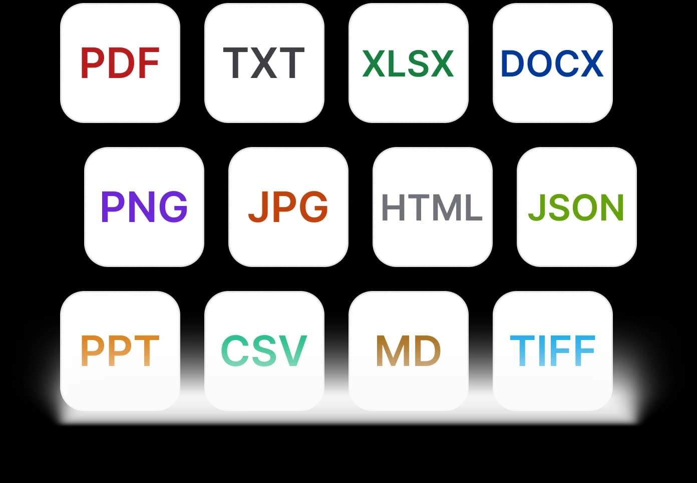 Multiple document format icons including PDF, DOC, and images