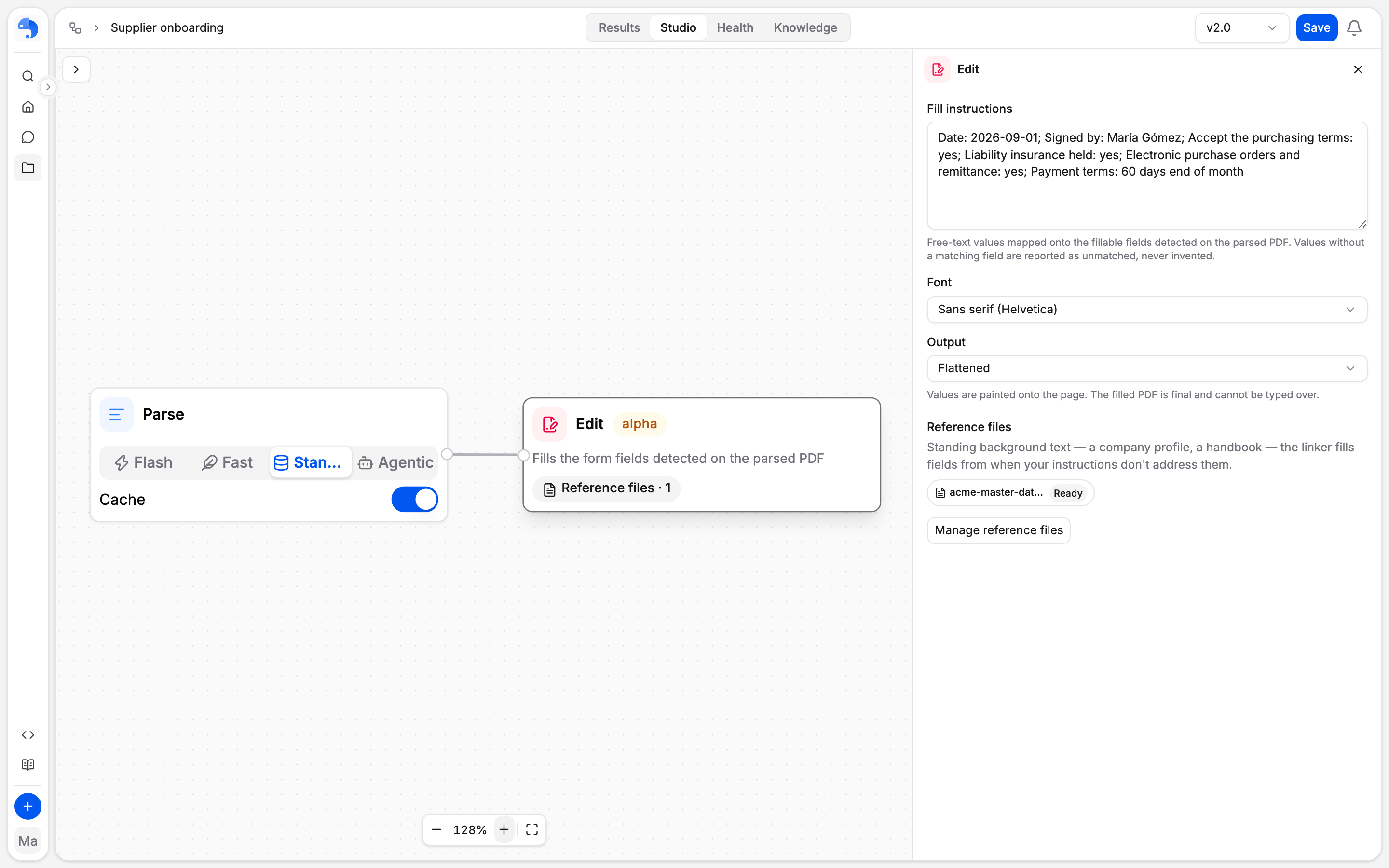 The Parse and Edit operators on the Studio canvas, with the Edit configuration open