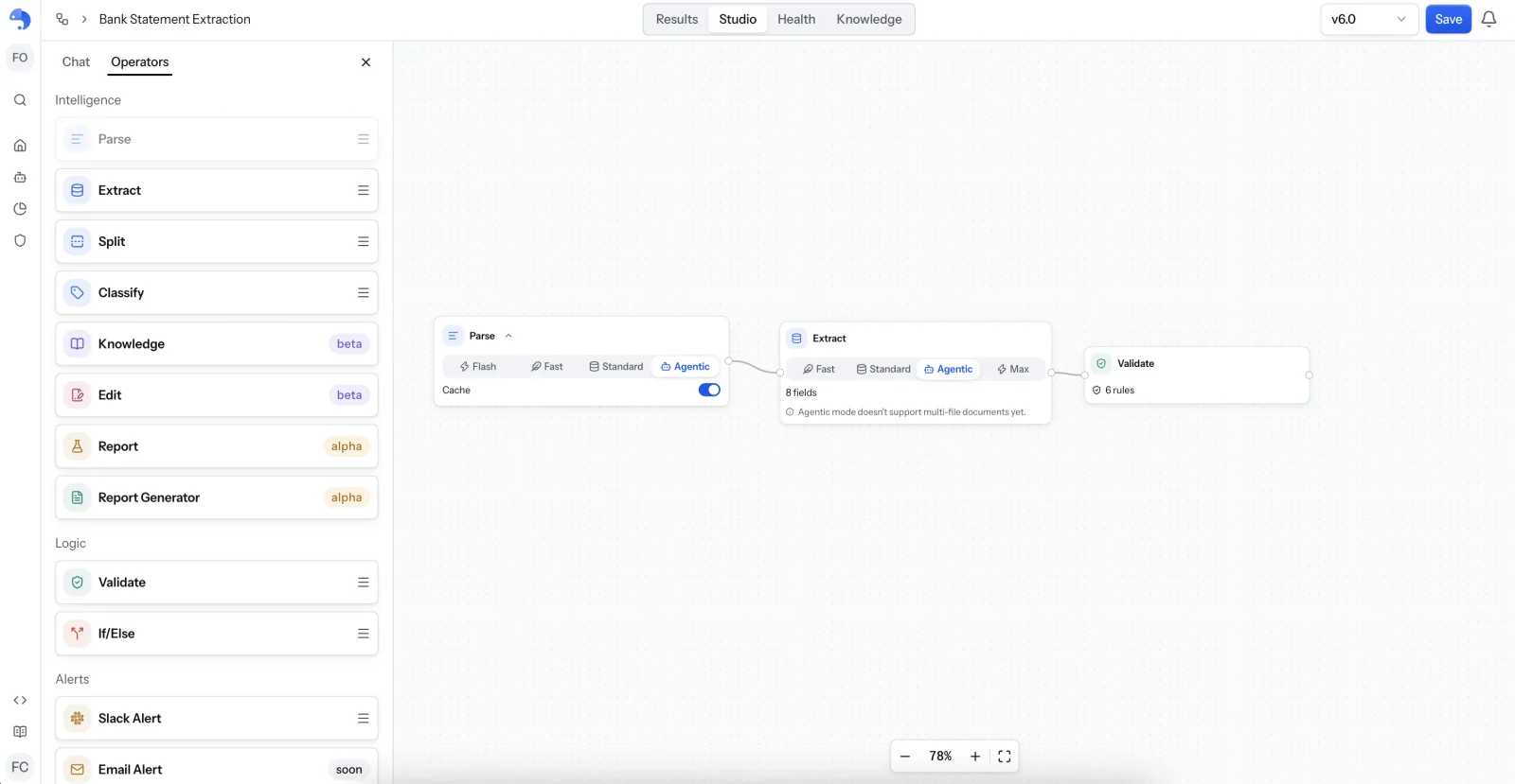 The Bank Statement Extraction workflow in anyformat Studio: Parse in Agentic mode, Extract in Agentic mode with 8 fields, and Validate with 6 rules