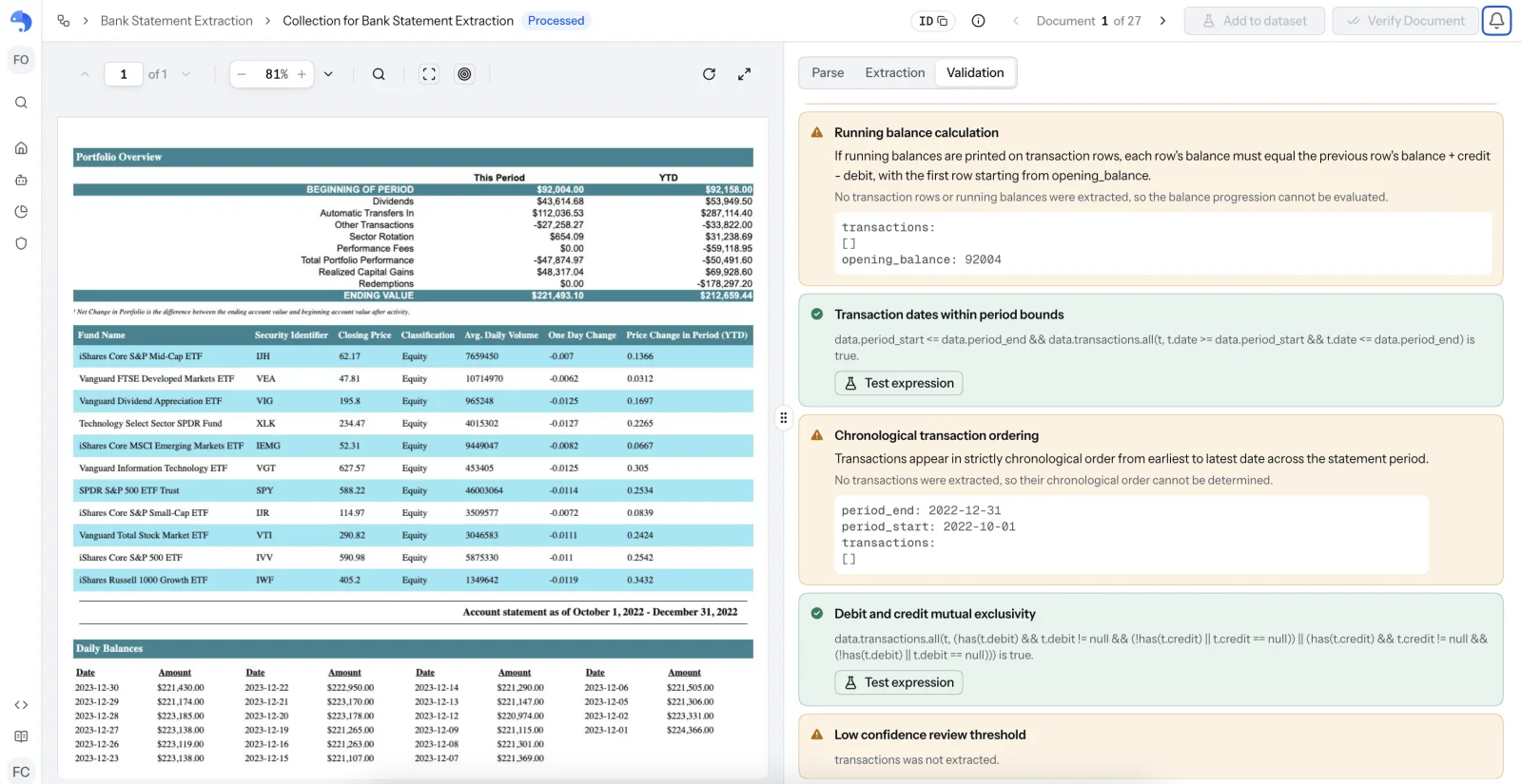 The Validation view: each rule with its result, pass or warning, and the values it checked