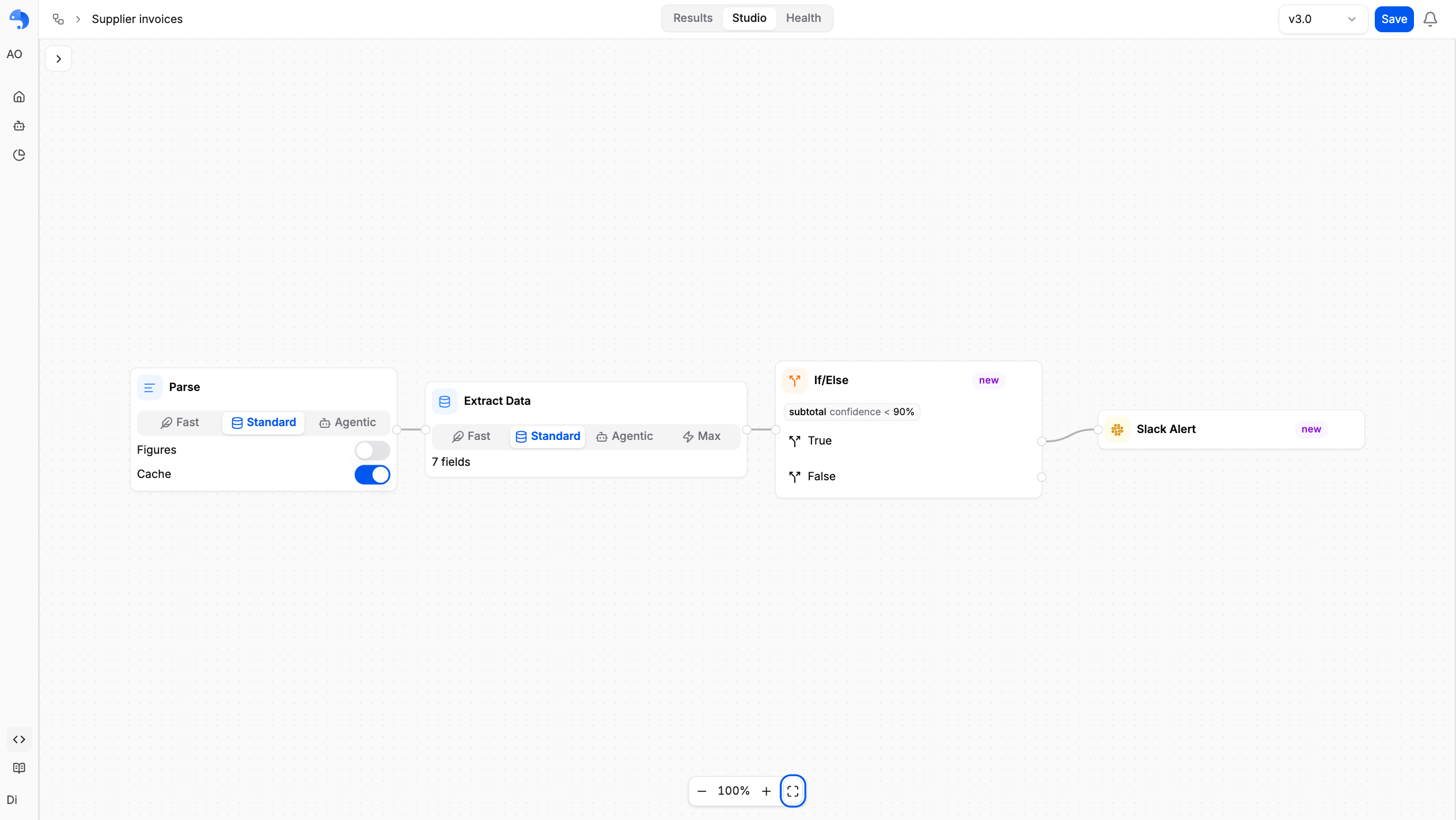 A Studio canvas: Parse and Extract feeding an If/Else on a field condition, with the true branch wired into a Slack alert node