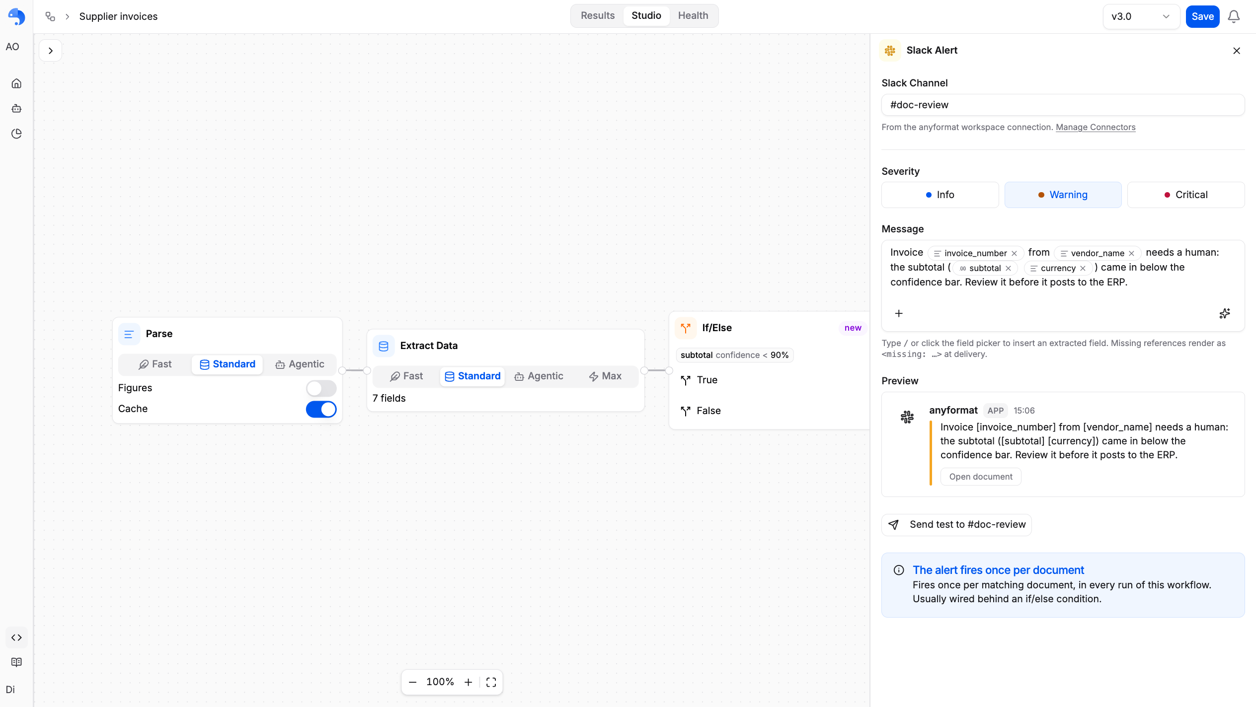 The Slack alert panel in Studio: channel, severity, the message with extracted fields as chips, and a live preview of the card that will land in Slack